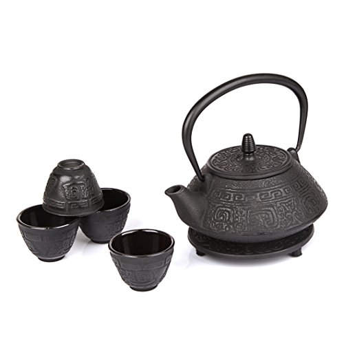 4 piece Japanese Cast Iron Pot Tea Set Black w/ Trivet (26 oz)