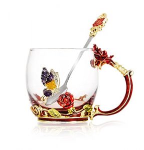 Tea Cup Coffee Mug Cups Clear Glass & Spoon Handmade Butterfly Rose ,12 oz (Rose)