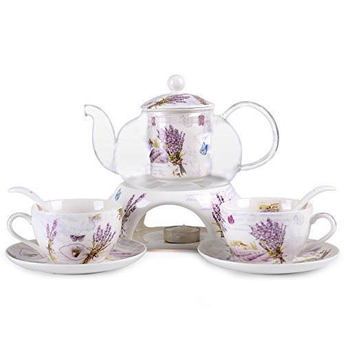 Kendal 24 oz tea maker teapot with a Porcelain warmer and 2 set of Porcelain Cup and Saucer and Spoon SI-XYC (3-XYC)