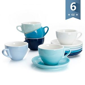 Sweese 4309 Porcelain Cappuccino Cups with Saucers - 6 Ounce for Specialty Coffee Drinks, Latte, Cafe Mocha and Tea - Set of 6, Cold Assorted colors