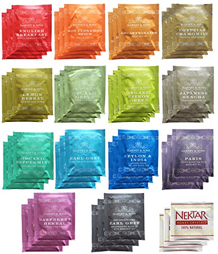 Harney & Sons Tea Bag Sampler 42 Count (14 Different Flavors - 3 Tea Bags of Each) With Honey Crystal Packs